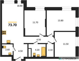 Планировка трехкомнатной(квартира) площадью 73.7 квадратных метров в “ЖК Первый Московский”