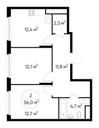 Планировка двухкомнатной(квартира) площадью 56 квадратных метров в ЖК “ЖК Переделкино Ближнее”