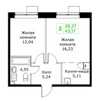 Планировка двухкомнатной(квартира) площадью 43.17 квадратных метров в “ЖК КИТ 2”