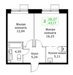 Планировка двухкомнатной(квартира) площадью 43.17 квадратных метров в ЖК “ЖК КИТ 2”
