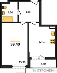 Планировка однокомнатной(квартира) площадью 39.4 квадратных метров в ЖК “ЖК Прокшино”