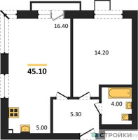 Планировка однокомнатной(квартира) площадью 45.1 квадратных метров в “ЖК Skolkovo ONE (Сколково Уан)”