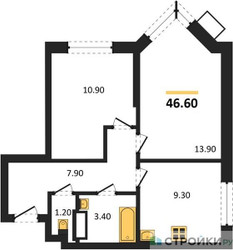 Планировка двухкомнатной(квартира) площадью 46.6 квадратных метров в ЖК “ЖК Видный берег 2”