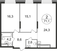 Планировка двухкомнатной(квартира) площадью 71.1 квадратных метров в “ЖК Первый Московский”