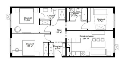 Планировка трехкомнатной(квартира) площадью 80.9 квадратных метров в ЖК “ЖК Эко Видное 2.0”