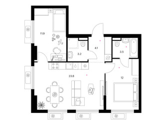 Планировка двухкомнатной(квартира) площадью 58.5 квадратных метров в ЖК “ЖК Белая Дача парк”