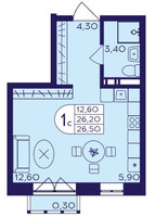 Планировка студии(квартира) площадью 26.5 квадратных метров в “ЖК Героев”