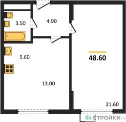 Планировка однокомнатной(квартира) площадью 47.6 квадратных метров в ЖК “ЖК Ново-Молоково”