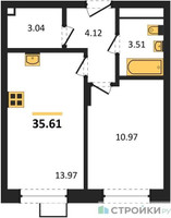 Планировка однокомнатной(квартира) площадью 35.5 квадратных метров в “ЖК Новоград Павлино”
