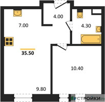 Планировка однокомнатной(квартира) площадью 35.5 квадратных метров в “ЖК Квартал на воде (Графика на воде)”