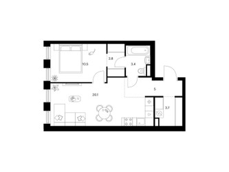 Планировка однокомнатной(квартира) площадью 45.5 квадратных метров в ЖК “ЖК Москворечье”