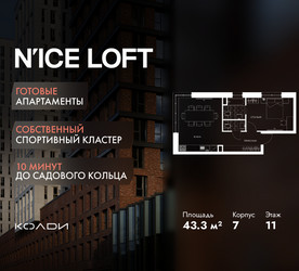 Планировка двухкомнатной(апартаменты) площадью 43.3 квадратных метров в ЖК “ЖК N’ICE LOFT (Найс Лофт)”