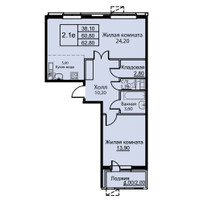 Планировка двухкомнатной(апартаменты) площадью 62.8 квадратных метров в “ЖК Кашинцево”