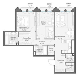 Планировка однокомнатной(квартира) площадью 108.1 квадратных метров в ЖК “Клубный квартал "Фрунзенская набережная"”