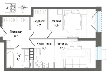 Планировка двухкомнатной(квартира) площадью 49.7 квадратных метров в ЖК “ЖК КИНОКВАРТАЛ”