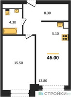 Планировка однокомнатной(апартаменты) площадью 46 квадратных метров в “ЖК Мираполис”