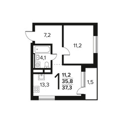 Планировка однокомнатной(квартира) площадью 37.3 квадратных метров в ЖК “Новые Ватутинки. Заречный”