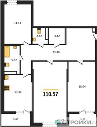 Планировка трехкомнатной(квартира) площадью 110.57 квадратных метров в ЖК “ЖК Riga Hills (Рига Хиллс)”