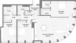 Планировка 4+ комнатной(апартаменты) площадью 160.7 квадратных метров в “ЖК Sky View (Скай Вью)”