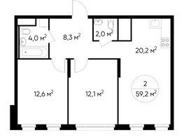 Планировка двухкомнатной(квартира) площадью 59.2 квадратных метров в “ЖК Переделкино Ближнее”