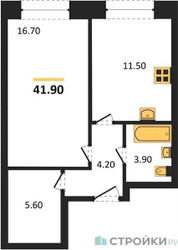 Планировка однокомнатной(квартира) площадью 41.9 квадратных метров в ЖК “ЖК Skolkovo ONE (Сколково Уан)”