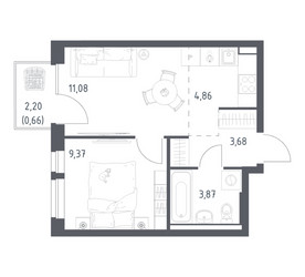 Планировка однокомнатной(квартира) площадью 33.52 квадратных метров в ЖК “ЖК Квартал Авиаторов”