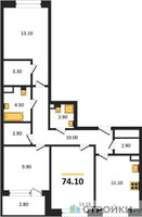Планировка трехкомнатной(квартира) площадью 74.1 квадратных метров в “Жилые кварталы Белый Град”
