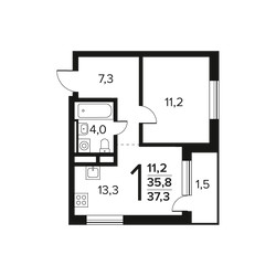 Планировка однокомнатной(квартира) площадью 37.3 квадратных метров в ЖК “Новые Ватутинки. Заречный”