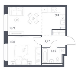Планировка однокомнатной(квартира) площадью 38.88 квадратных метров в ЖК “ЖК Квартал Ивакино”