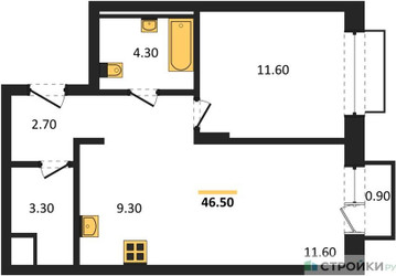 Планировка однокомнатной(квартира) площадью 46.5 квадратных метров в ЖК “ЖК Равновесие”