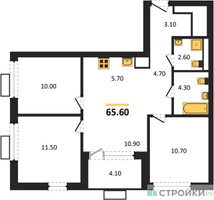 Планировка трехкомнатной(квартира) площадью 65.6 квадратных метров в “ЖК Бунинские кварталы”