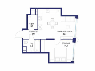 Планировка однокомнатной(квартира) площадью 46.62 квадратных метров в ЖК “ЖК Остров”