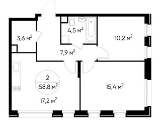 Планировка двухкомнатной(квартира) площадью 58.8 квадратных метров в ЖК “ЖК Переделкино Ближнее”