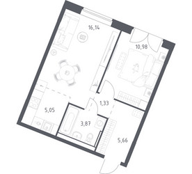 Планировка однокомнатной(квартира) площадью 43.03 квадратных метров в ЖК “ЖК Квартал Западный”