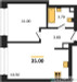 Планировка однокомнатной(квартира) площадью 35 квадратных метров в “ЖК Ракурс”