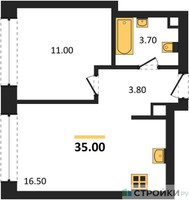 Планировка однокомнатной(квартира) площадью 35 квадратных метров в “ЖК Ракурс”