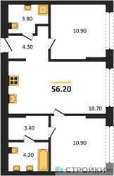 Планировка двухкомнатной(квартира) площадью 56.2 квадратных метров в ЖК “ЖК Первый квартал”