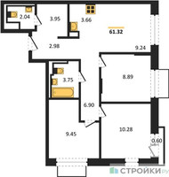 Планировка трехкомнатной(квартира) площадью 61.32 квадратных метров в “ЖК Долина Яузы”