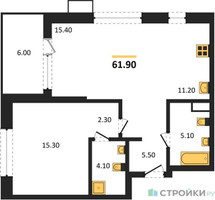 Планировка однокомнатной(квартира) площадью 61.9 квадратных метров в “ЖК Дзен-кварталы”