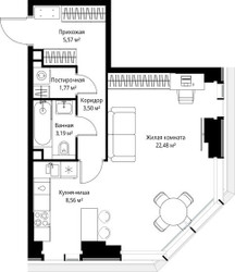 Планировка однокомнатной(квартира) площадью 45.07 квадратных метров в ЖК “Мультиквартал СИТИДЗЕН”
