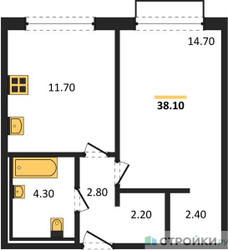 Планировка однокомнатной(квартира) площадью 38.1 квадратных метров в ЖК “ЖК Равновесие”