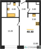 Планировка однокомнатной(квартира) площадью 40.3 квадратных метров в “ЖК Upside Towers (Апсайд Тауэрс)”