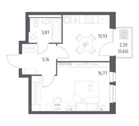Планировка однокомнатной(квартира) площадью 37.39 квадратных метров в ЖК “ЖК Квартал Авиаторов”