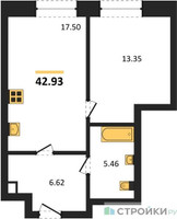 Планировка однокомнатной(квартира) площадью 42.93 квадратных метров в “ЖК Sezar City (Сезар Сити)”