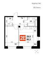 Планировка двухкомнатной(квартира) площадью 50.3 квадратных метров в “ЖК Мытищи Сити”