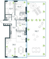 Планировка 4+ комнатной(квартира) площадью 104.6 квадратных метров в “ЖК Левел Причальный”