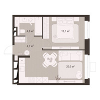 Планировка однокомнатной(квартира) площадью 42.5 квадратных метров в “ЖК Гранд Комфорт”