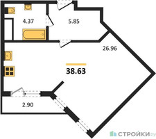 Планировка студии(квартира) площадью 38.63 квадратных метров в ЖК “ЖК Светлый мир БиоПолис”