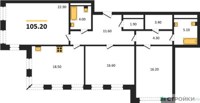 Планировка трехкомнатной(квартира) площадью 105.2 квадратных метров в ЖК “ЖК Full House (Фулл Хаус)”