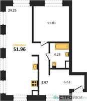 Планировка однокомнатной(квартира) площадью 51.96 квадратных метров в “ЖК УЛЬТИМА Сити”
